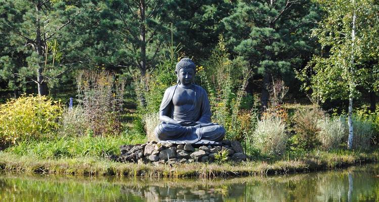 Buddha-Statue in einer friedlichen Gartenlandschaft an einem See.
