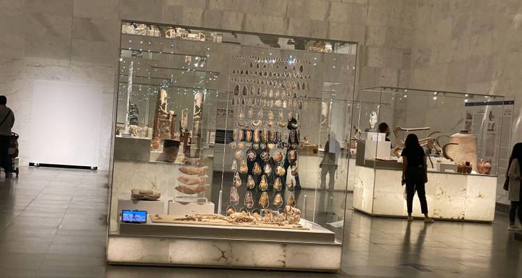 Museumsinterieur mit Vitrinen und Exponaten.