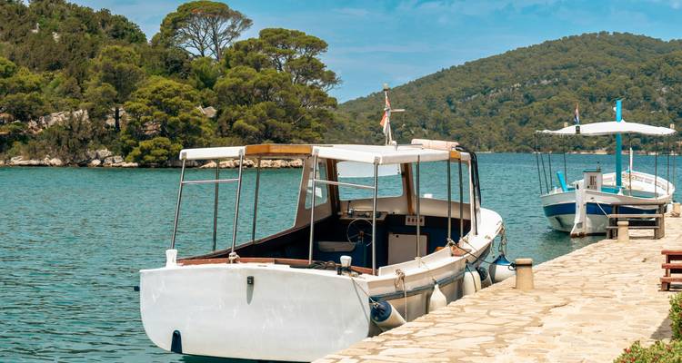 Bateaux amarrés sur une mer calme avec des collines en arrière-plan.