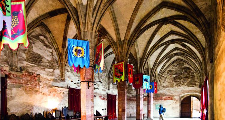 Interior de una sala histórica de castillo con estandartes y arcos de piedra.
