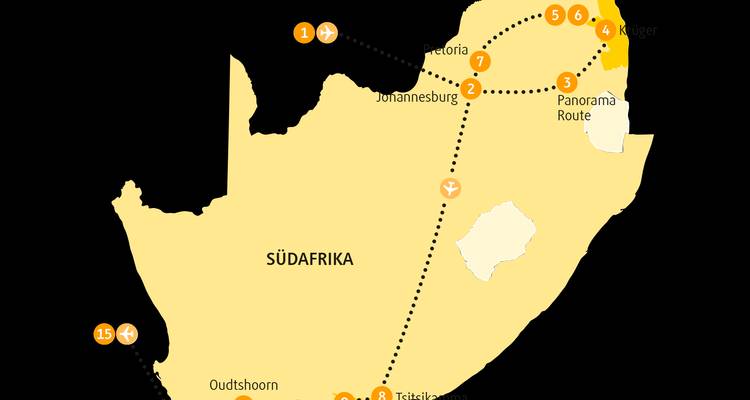 Einfache Routenkarte von Südafrika mit wichtigen Haltestellen entlang einer gepunkteten Route, die auf Deutsch beschriftet ist.