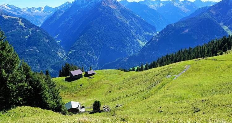 Mountain view with green slopes and forest.