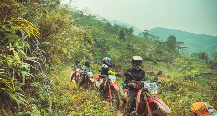 Group of motorcyclists riding through a lush, hilly area.