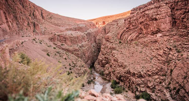 Un paysage spectaculaire de canyon avec des formations rocheuses rouges.