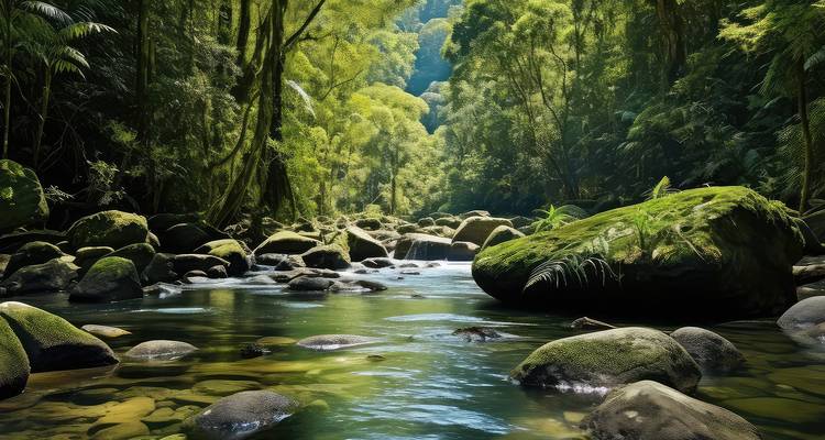 Exuberante bosque verde with rayos de sol brillando a través de las hojas sobre un río.