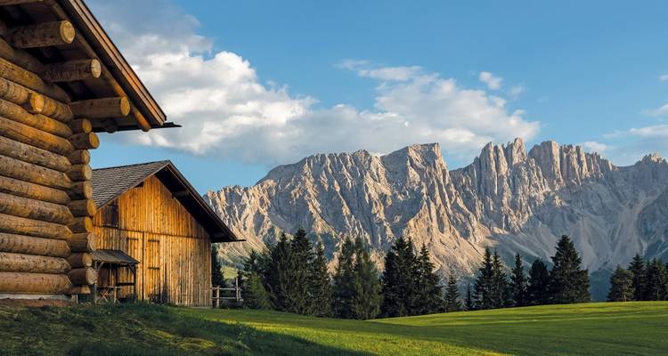 Cabaña de troncos con un fondo montañoso.