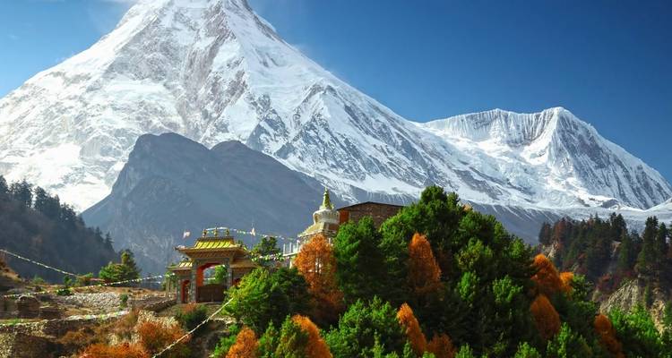 Majestic snow-covered peak with colorful foliage.