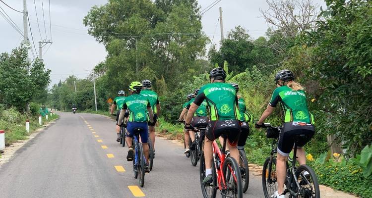 Fietsers op een weg omringd door weelderig groen.