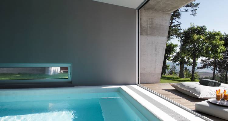 Indoor plunge pool opening to a terrace with lawn, trees and valley views.