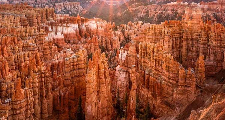 El amanecer ardiente proyecta luz a través del laberinto de chimeneas de hadas carmesí en el Parque Nacional Bryce Canyon