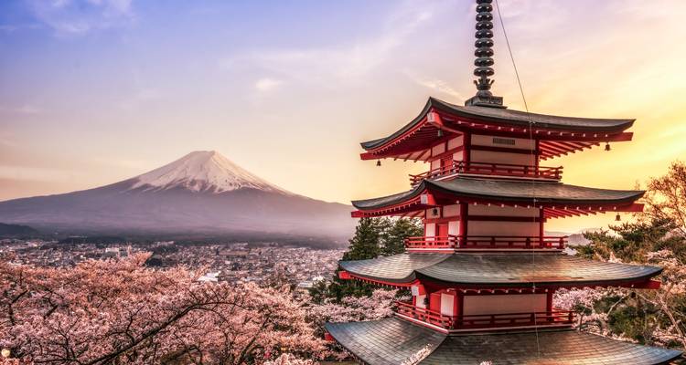 Iconische pagode met Mount Fuji op de achtergrond bij zonsondergang.