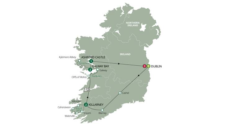 Kaart van Ierland met gemarkeerde reislocaties en routes.