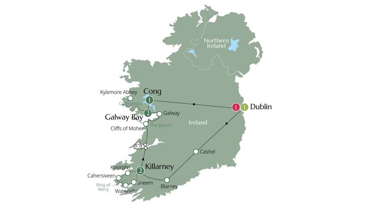 Carte montrant les attractions touristiques en Irlande.