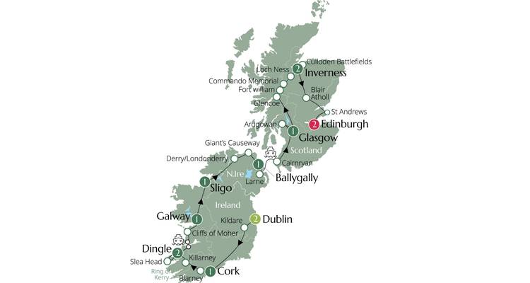 Map showing travel routes through parts of Ireland and Scotland.