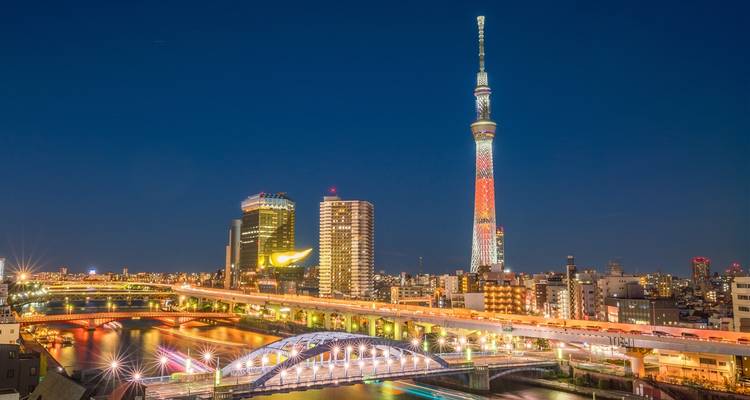 Tokios Skyline bei Nacht mit dem beleuchteten Tokyo Skytree.