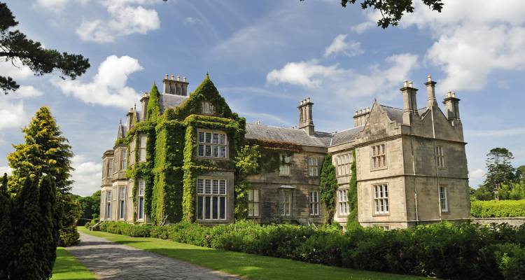 Historic manor house with ivy-covered walls, in Ireland.