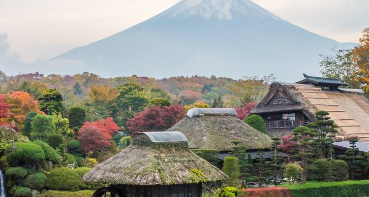 Traditionelle Häuser mit Strohdach, Herbstlaub und dem Berg Fuji im Hintergrund.