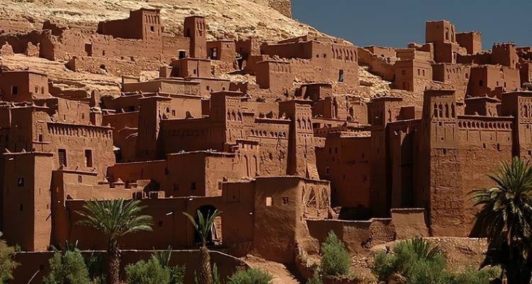 Ancient clay buildings in a desert setting.