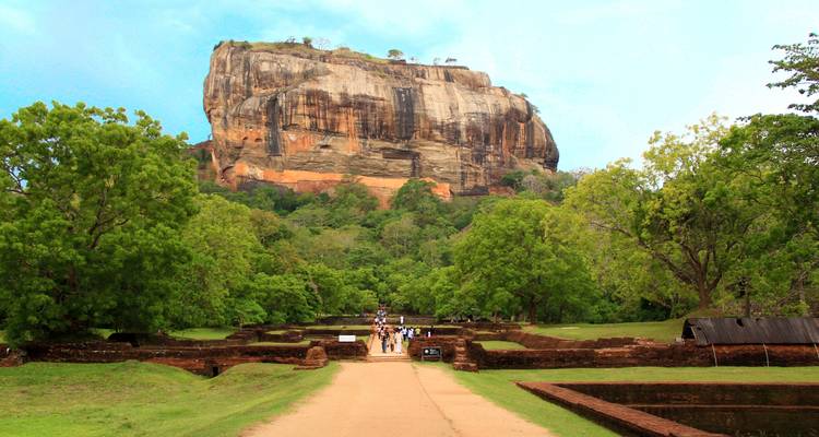 Rotsvesting met klimmende mensen, omringd door groene bomen.