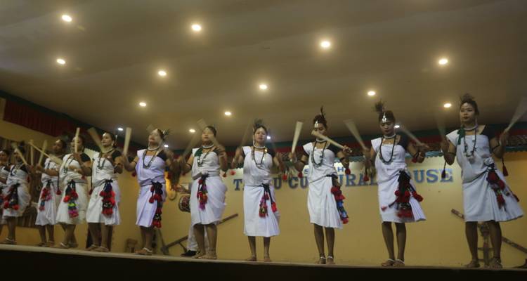 Kulturtanzaufführung einer Frauengruppe in traditioneller Kleidung.