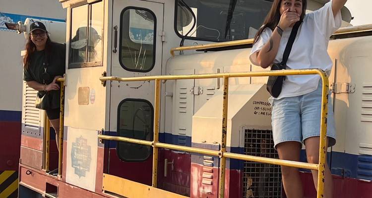 Meisjes die speels poseren op een locomotief.