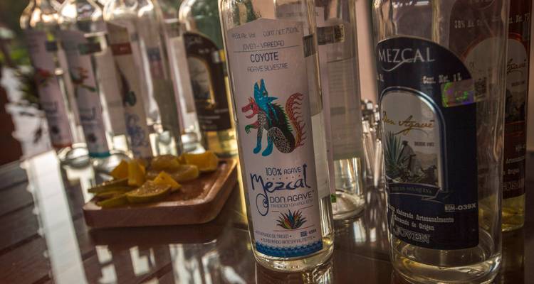 Selección de botellas de mezcal con etiquetas y rodajas de limón en una barra de madera