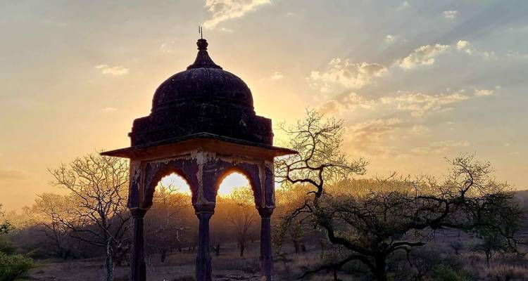 Silhouettierter Rajasthani-Pavillon, umrahmt von einem leuchtenden Sonnenuntergangshimmel und kahlen Bäumen