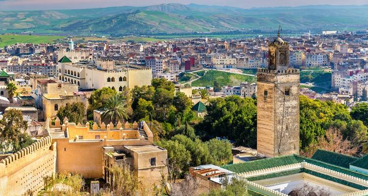 Panoramablick auf Fès mit historischen Gebäuden und Hügeln.