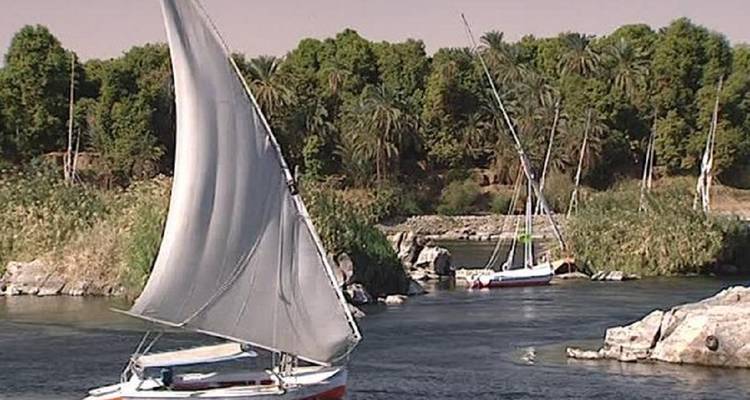 Segelboote auf einem Fluss, umgeben von üppigem Grün.