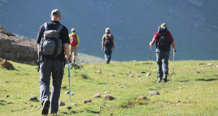 Des randonneurs marchant à travers un pré de montagne herbeux.