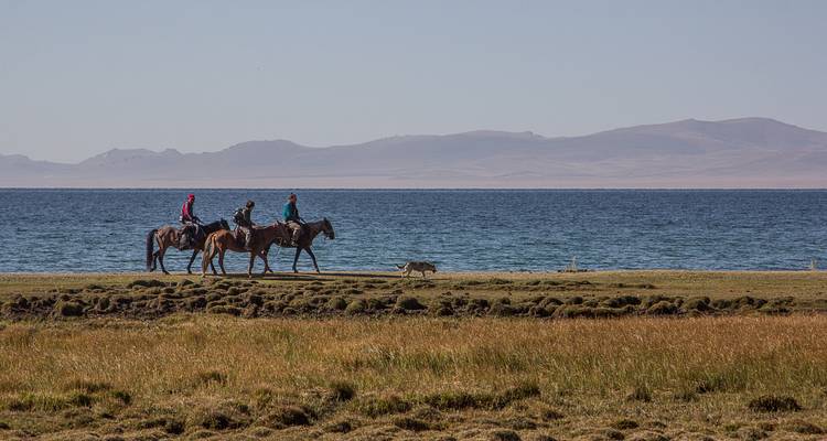 People on horseback by a large lake with mountains.