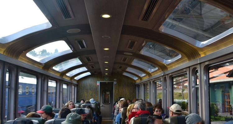 Passagiere in einem Zug mit großen Fenstern, die auf die Aussicht draußen blicken.