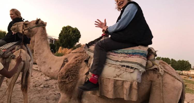 Touristen, die auf Kamelen reiten.