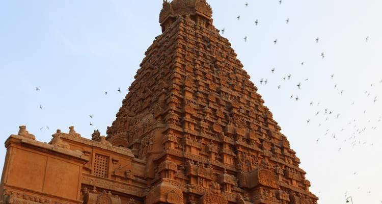 "Haute tour de temple avec des oiseaux qui volent."