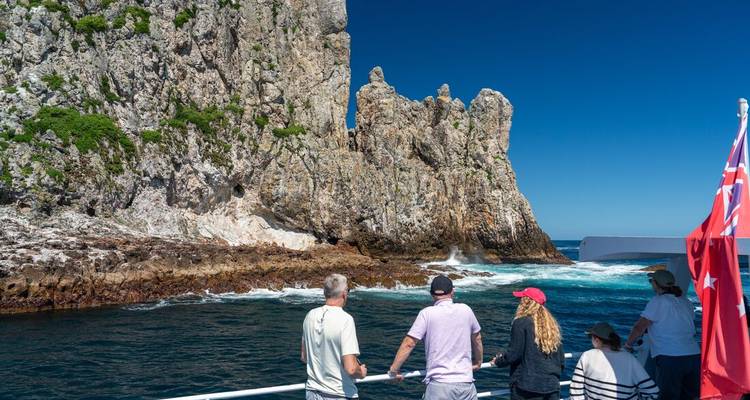 Les passagers du bateau admirent les falaises rocheuses spectaculaires qui s'élèvent de la mer turquoise sous un ciel dégagé.