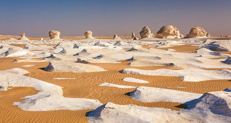 Wide view of chalky white rock pinnacles scattered across golden dunes under a clear sky.