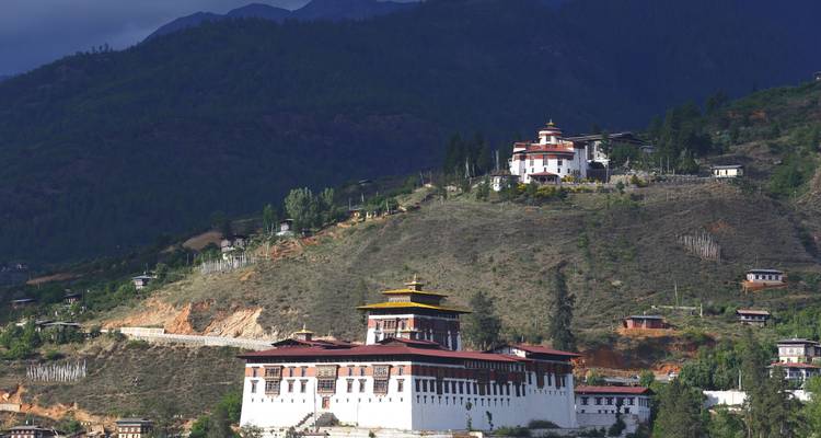 Vue panoramique de l'architecture traditionnelle bhoutanaise sur une colline.
