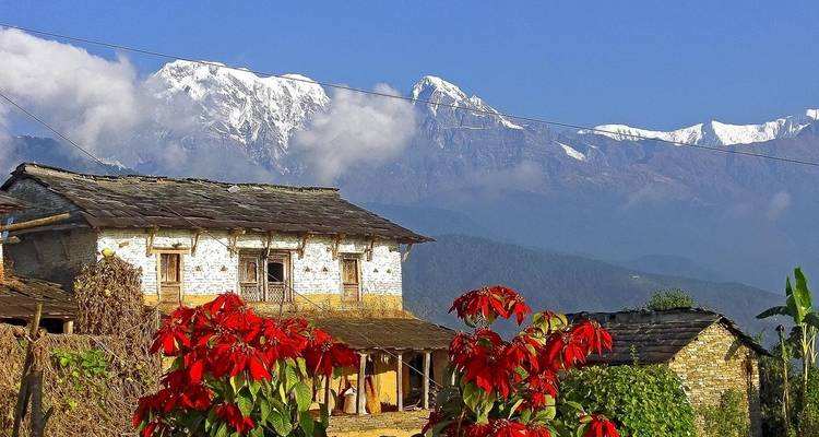 Traditional house with snowy mountains in the background.