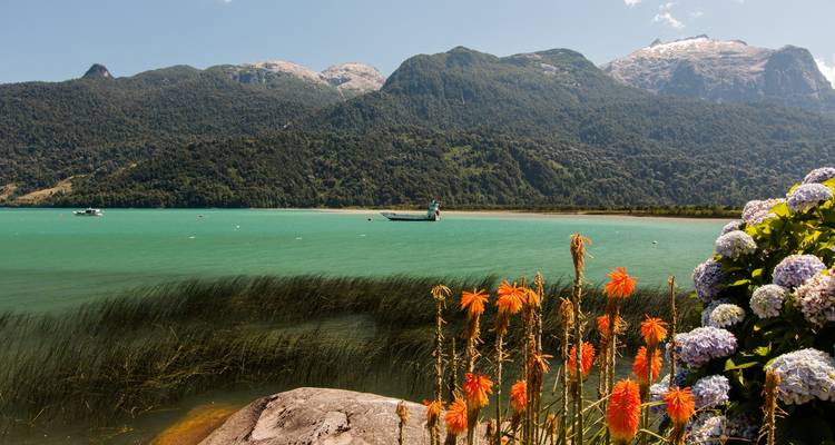 Ein See mit klarem türkisfarbenem Wasser, umgeben von Blumen und Bergen.