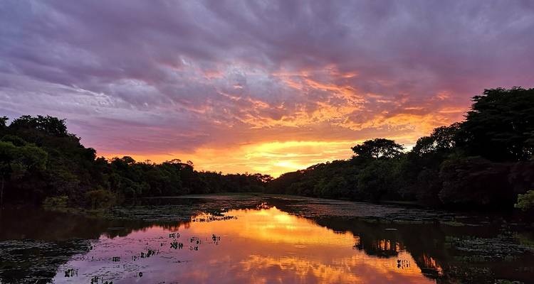 Dramatic orange and purple sunset reflecting on a calm river framed by lush tropical forest.