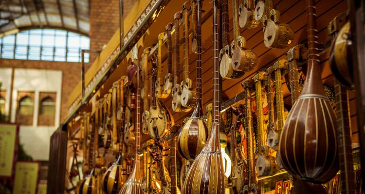 Instruments de musique finement façonnés exposés.
