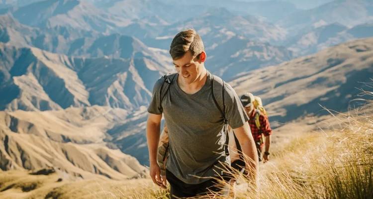 Randonneurs sur un sentier de montagne avec une vue panoramique sur le paysage.