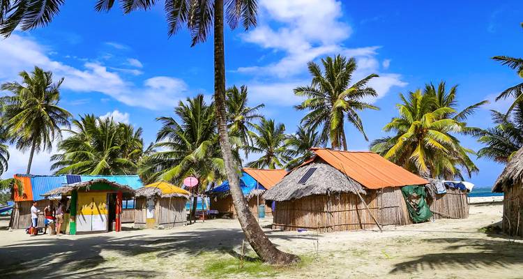 Palmiers et huttes sur une plage de sable.