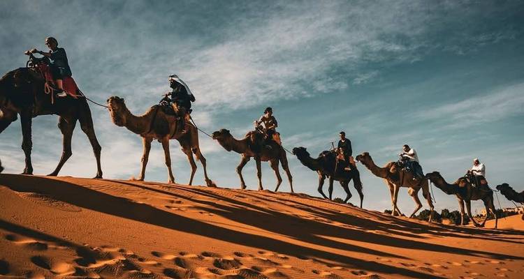 Line of camel riders traverses a sun-drenched dune under dramatic sky.