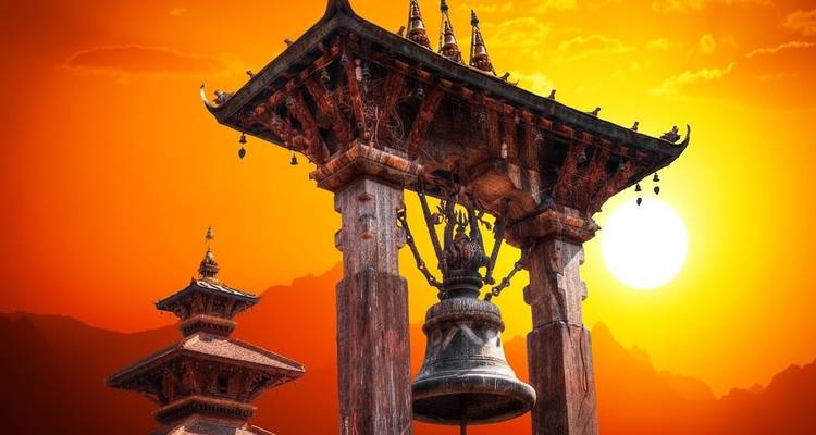 Traditionelle Nepalese bel met een oranje zonsondergang achtergrond.