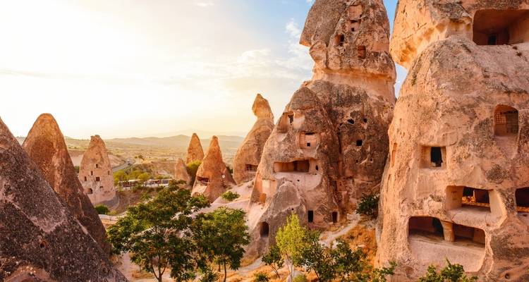 Unique rock formations with small windows and openings in Turkey.