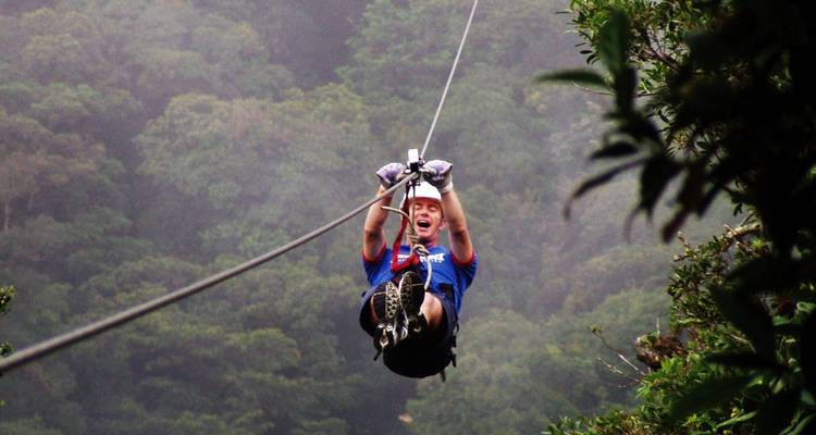L'aventurier en vol plane sur un câble de descente à travers la canopée luxuriante de la forêt nuageuse
