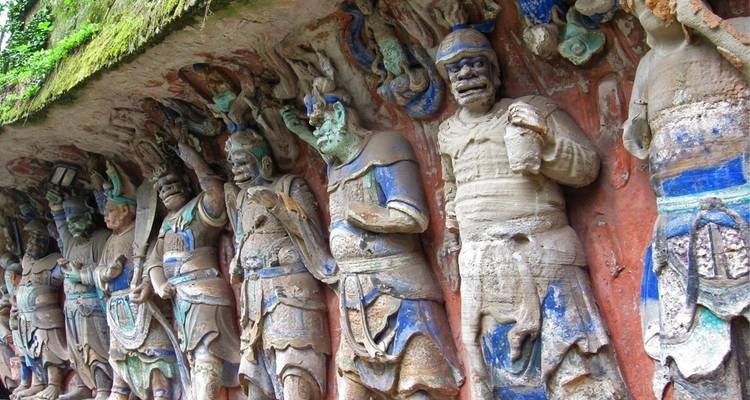 Carved stone statues with intricate designs.