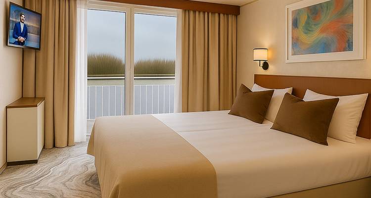 Cabine de bateau de croisière lumineuse et bien rangée avec grand lit, œuvres d'art et portes-fenêtres donnant sur le balcon.