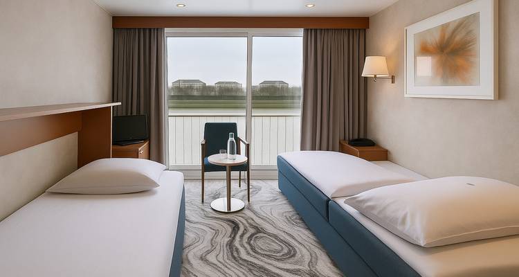 Cabine de croisière avec deux lits simples, grande fenêtre donnant sur la rivière et décoration minimaliste.
